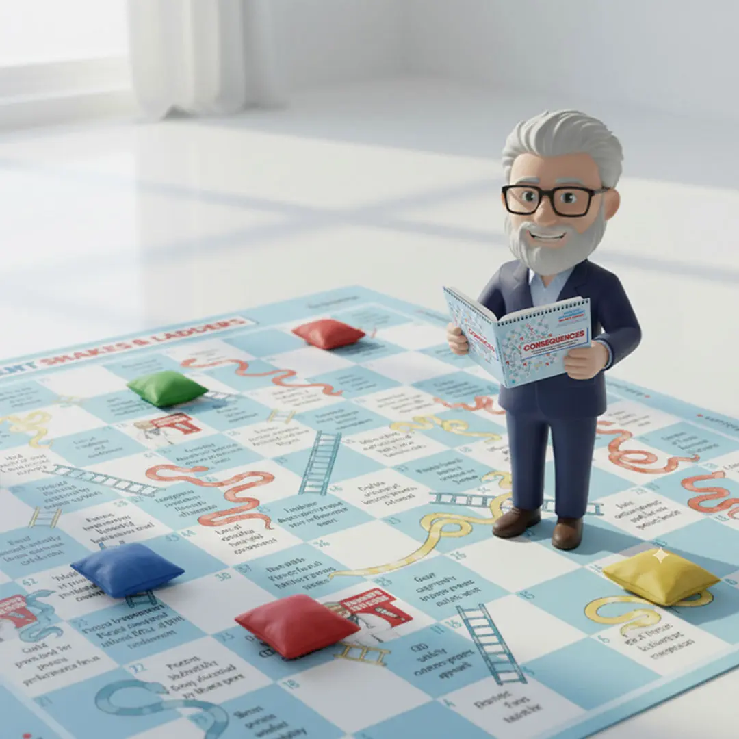 Cartoon of Roger Tregear standing in the middle of a Process Management Snakes & Ladders Workshop Board with bean bag playing tokens